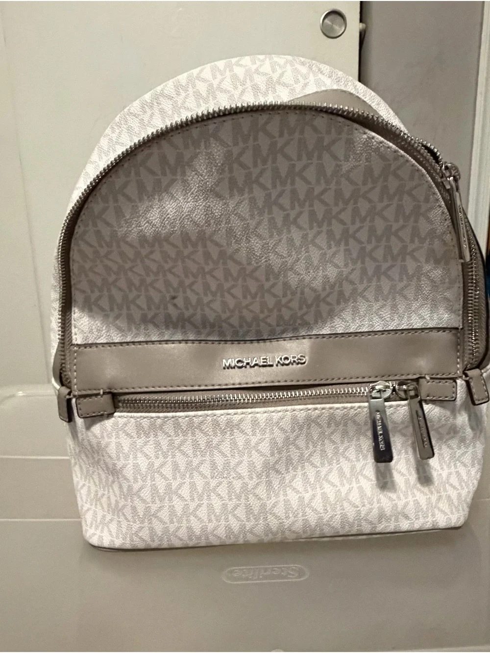 Michael Kors White and Silver-Tone MK Logo Backpack